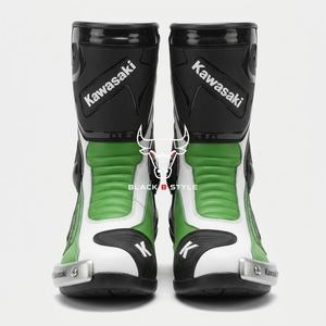 Bottes de course pour moto Kawasaki, cuir vert et blanc, chaussures de sport à blocs de couleur - Product Image 1