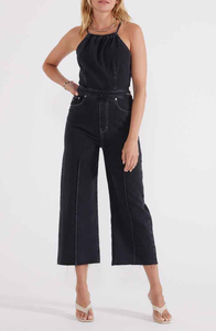 Combinaison en jean noire pour femme, taille haute, jambe large, décontractée, d'été, couleur unie, en coton délavé, respirante et écologique - Product Image 3