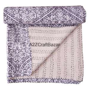 Couverture Kantha en coton biologique faite à la main avec rembourrage en coton, réversible, brodée, style vintage, écologique, pour la maison et l'hôtellerie - Product Image 6