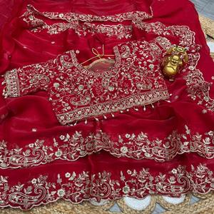 Indian Ethnic Beautiful and Elegant <b>Saree</b> with Embroidery Work for Partywear and Wedding Occasion for Women Fancy Trendy Outfit - Product Image 1