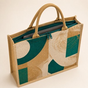 Sac fourre-tout de plage en jute à imprimé géométrique, fermeture éclair, longue poignée en corde, logo personnalisé, cadeaux d'entreprise, réutilisable pour le shopping - Product Image 3