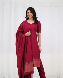 Maroon Blended Silk With Zari Work <b>Kurta</b> Set With Dupatta For <b>Women</b> Traditional Indian Wear Casual Outfit Regular Fit - Product Image 1