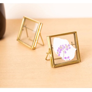 <b>Square</b> Brass <b>Photo</b> <b>Frame</b> With Glass Inlay Purple Flower Design Handmade Tabletop Display Decor - Product Image 1
