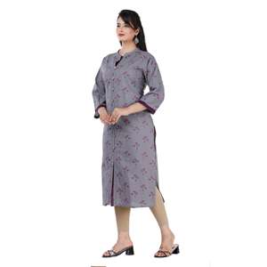 Aarti Robe décontractée boutonnée Kurti en coton à imprimé floral gris indien pour femme - Product Image 3