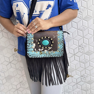 Elegante bolso de piel de vaca Real con flecos piedra turquesa multiusos Sling Gypsy Boho diseño Vintage hecho a mano nuevo botón borla - Product Image 1