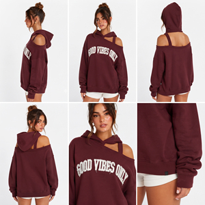 Women's <b>Off</b> The <b>Shoulder</b> Hooded <b>Sweatshirt</b> Custom Distressed Letter <b>Sweatshirt</b> <b>Off</b> the <b>Shoulder</b> Heavyweight 440 GSM Hooded - Product Image 5