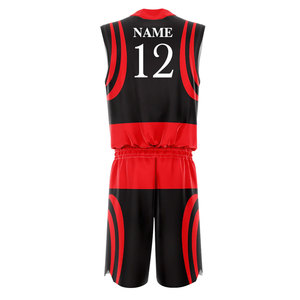Tenues de basket-ball personnalisées sublimées, noir et rouge, col en V, sans manches, anti-transpiration, ensemble de maillots d'équipe unisexe pour adultes - Product Image 3