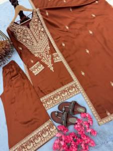 Salwar Kameez traditionnel pour femmes en soie marron avec broderie pour mariage et festivals, toutes saisons, coupe classique, longueur cheville - Product Image 5