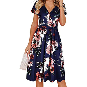Wholesale Customized High-Quality Women's Summer Retro Digital Printing V-Neck Short Sleeve Midi A-Line Casual <b>Dresses</b> - Product Image 1