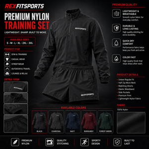 ชุดออกกำลังกายไนลอนแบบสั่งทำขายส่ง REXFIT SPORTS 2026 สำหรับทุกเพศ เสื้อแจ็คเก็ตคอเต่าแบบซิปครึ่งตัวและกางเกงขาสั้น ชุดกีฬาออกกำลังกายน้ำหนักเบา - Product Image 1