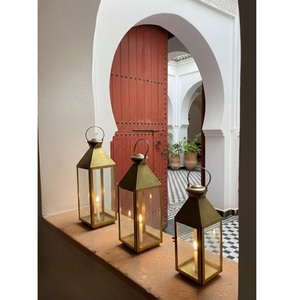 Traditional Design Golden Square <b>Lanterns</b> <b>Set</b> 3 With Glass Panels And Candle Holders For Home Garden Interior Decoration - Product Image 1