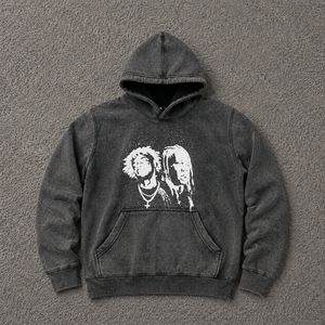 Sweat à capuche graphique gris délavé vintage, coupe oversize, style streetwear, avec imprimé portrait audacieux, en mélange de coton épais 100%, pour l'hiver - Product Image 5