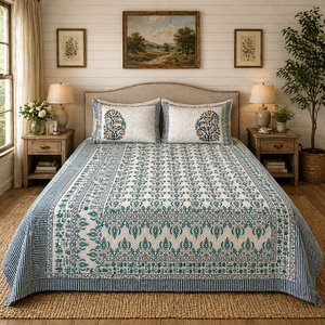 Parure de draps de luxe en coton respirant et durable, imprimée à la main au Jodhpur, motif floral vert et blanc, taille King Size, vente en gros - Product Image 4