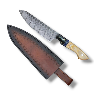 Couteau de chef personnalisé en acier Damas forgé à la main avec étui en cuir, lame pleine longueur, haute dureté, extra tranchant, manche en os et résine - Product Image 5