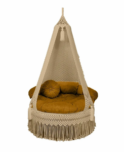Hamac balançoire en macramé beige, tissé à la main, avec pompons décoratifs, pour intérieur, patio et extérieur - Product Image 2