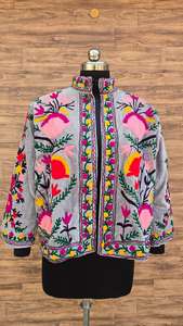 Handmade Multi Coloured Abstract Suzani Embroidered Jacket Vintage Boho Luxury Velvet <b>Coat</b> Artisan Hand <b>Stitch</b> Women Outerwear - Product Image 2