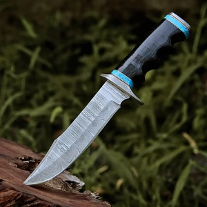 Cuchillo Bowie de hoja fija con patrón de Damasco personalizado, mango con ranura para el dedo, espiga completa, cuchillos utilitarios para exteriores, funda de cuero - Product Image 4