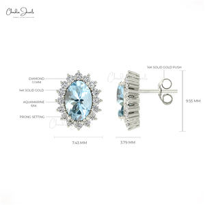 Pendientes de Oro Sólido de 14K con Halo de Aguamarina Natural de 6x4mm y Cierre a Presión, Regalo para el Día de la Mujer a Precio Descontado - Product Image 5