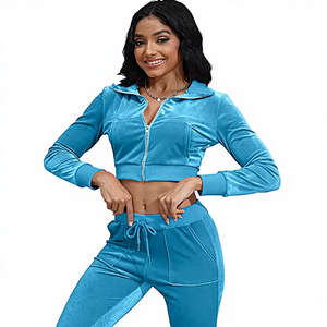 Women High Quality Rhinestone Velour Tracksuit Custom <b>Zip</b> <b>up</b> Velour <b>Crop</b> Top Hoodie and Sweatpant Tracksuit Velour Set for Women - Product Image 1
