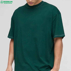T-shirt en coton uni à col rond et manches courtes pour homme Behram International, coupe ample décontractée, bordure contrastée en jersey tricoté - Product Image 2