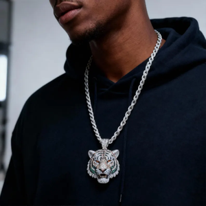 จี้เพชรโมอิสซาไนต์รูปหัวเสือประดับเพชรแบบ Iced Out พร้อมสร้อยเงินแท้ 925 สำหรับผู้ชาย สไตล์ฮิปฮอป ของขวัญสำหรับคนรัก - Product Image 3