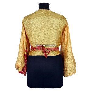 Top en soie tendance pour femme, en soie recyclée, style indien, à nouer devant, manches cloche, style hippie rétro, taille unique, décontracté - Product Image 6