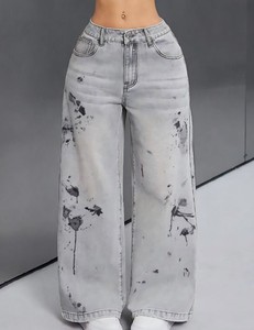 Jean droit classique respirant à imprimé pois vieilli, style streetwear, coupe droite légère, pour un look vintage, avec ourlet régulier, vente en gros - Product Image 4