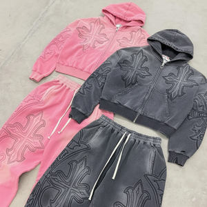 Custom OEM Custom Pattern 2 Piece <b>Set</b> <b>Embroidery</b> Streetwear 400 GSM Heavyweight Acid Washed Zipper Unisex Hoodie <b>Set</b> - Product Image 1
