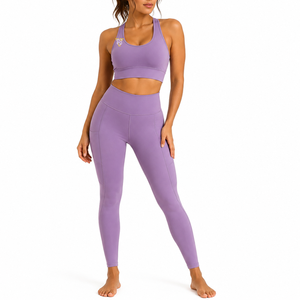 Conjunto de Yoga de 2 Piezas para Mujer, Color Morado, Leggings sin Costuras de Cintura Alta, Top Corto con Espalda Cruzada, Ropa Deportiva de Color Sólido - Product Image 2