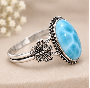 Larimar <b>Silver</b> Bangle, Natural Larimar Gemstone <b>Bracelet</b>, <b>925</b> <b>Sterling</b> <b>Silver</b> Cuff, Blue Stone Statement Jewelry, Boho Artisan - Product Image 4