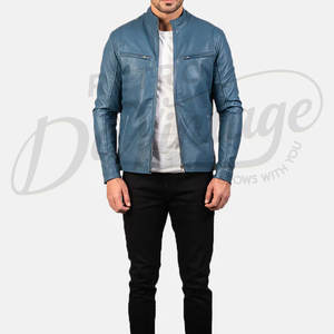 เสื้อแจ็คเก็ตนักขี่มอเตอร์ไซค์หนังแท้สีน้ำเงินพรีเมียมสำหรับผู้ชาย ทรงเข้ารูป คอตั้ง ซิปคลาสสิก สไตล์ลำลอง สตรีทแวร์ - Product Image 4