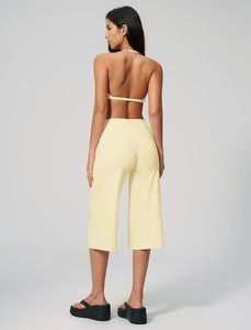 Cream 2 Piece Yoga Set Deep V Neck <b>Halter</b> Crop <b>Top</b> High Waist Wide Leg Calf-Length Pants Breathable Spandex Nylon Seamless - Product Image 2