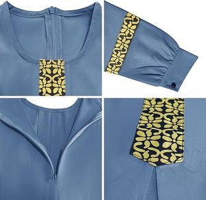 Women Blue Solid Color Cotton Breathable Abaya Long Sleeve Neck Floor Length Modest Dress Embroidery Details Plus Black Scarf - Product Image 3