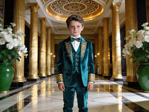 Costume de fête en velours bordeaux pour garçons avec broderie dorée Ensemble de vêtements de mariage et de cérémonie pour enfants - Product Image 2