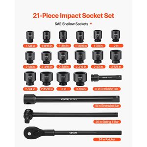 Set di 21 Attrezzi per Riparazione Auto, Chiave a Bussola a Impatto da 1 Pollice con Prolunga da 8 a 18, Bussole a Impatto Poco Profonde a 6 Punti SAE per 1-5/8 e 3-1/8 Pollici - Product Image 3