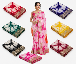 Sari en soie tie-dye de luxe, broderie lourde, travail Zari, séchage rapide, sans plis, protection solaire, style moderne, tenue de mariage indienne - Product Image 2