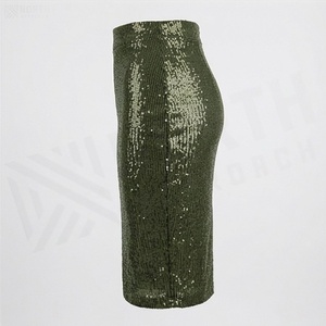 Jupe crayon taille haute pour femme, ornée de paillettes, longueur genou, vert olive uni, style élégant en velours côtelé, pour toutes les saisons - Product Image 3