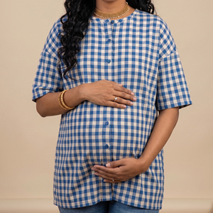 Camiseta de maternidad a cuadros de manga corta para mujer, cuello redondo, corte holgado, 100% algodón, camisa de maternidad a cuadros, camisas de maternidad con botones para mujer - Product Image 1