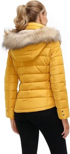 Chaqueta Acolchada Amarilla para Mujer con Capucha con Ribete de Piel, Manga Larga, Abrigo Cálido de Invierno, Largo Regular, Color Sólido - Product Image 5