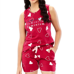 Conjunto de 2 piezas para mujer, camiseta sin mangas con estampado de corazones, pantalones cortos rojos, ropa informal para primavera y verano - Product Image 5