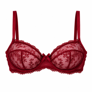 Conjunto de sujetador push-up de media copa y bragas de encaje floral rojo para mujer, lencería transparente transpirable para uso diario, OEM ODM al por mayor - Product Image 1