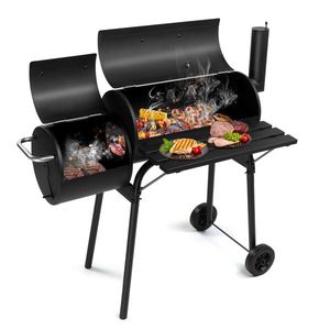 Outdoor All-Metal <b>BBQ</b> Grill with Offset Smoker and Side <b>Table</b> Wheels Barrel Style for Garden Patio or Backyard Kitchen - Product Image 1