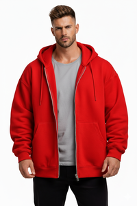 Sudadera con capucha roja lisa de alta calidad para hombre, con cremallera completa, gruesa y cálida, 100% algodón polar, 450 g/m², informal, estilo urbano, holgada, de secado rápido - Product Image 6