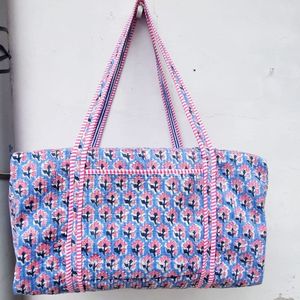 Blue Floral Hand Block Printed Cotton Sport Duffel <b>Bag</b> <b>Large</b> Capacity Zipper Closure Casual Travel Weekend for Striped Handles - Product Image 6