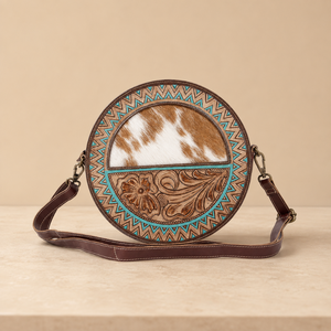 Sac bandoulière rond en cuir fait main avec motif floral western en fourrure, sac à main vintage bohème fait main pour femme - Product Image 1