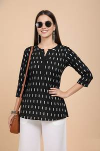 Tunique décontractée noire à col rond pour femme, en mélange de coton, longueur normale, manches trois quarts, entièrement cousue, haut pour fille - Product Image 6