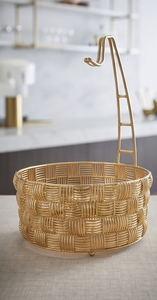 Panier de rangement moderne en fil doré tressé, avec poignée centrale haute, bol en métal ouvert, support de table de cuisine - Product Image 5