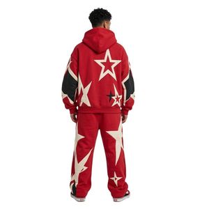 Conjunto Deportivo Rebel Star con Estampado de Letras en Relieve, Sudadera con Capucha y Pantalones Deportivos de Felpa de Algodón, Diseño Gráfico en Contraste Rojo y Blanco, Estilo Urbano - Product Image 2