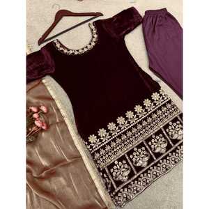 TISSU VELOURS À LA MODE BRODERIE SEQUENCE TRAVAIL TOP BAS AVEC DUPATTA BROWN - Product Image 3