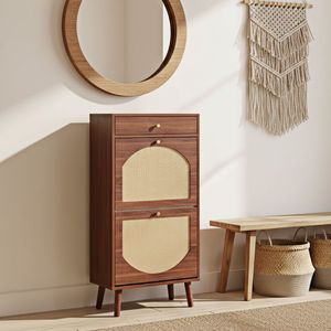 Mobiletto Portascarpe in Rattan con 1 Cassetto e 2 Ante Ribaltabili 54*24*110cm Marrone in Truciolato Soluzione di Stoccaggio - Product Image 1
